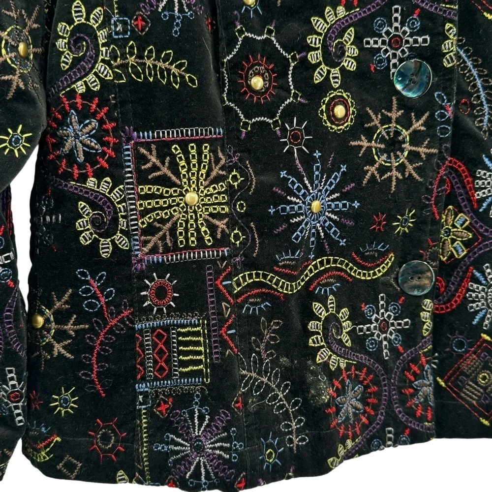 Chico's Statement Jacket Black Velour Colorful Embroidery Studded Boxy | 1 8/10 - Picture 7 of 11